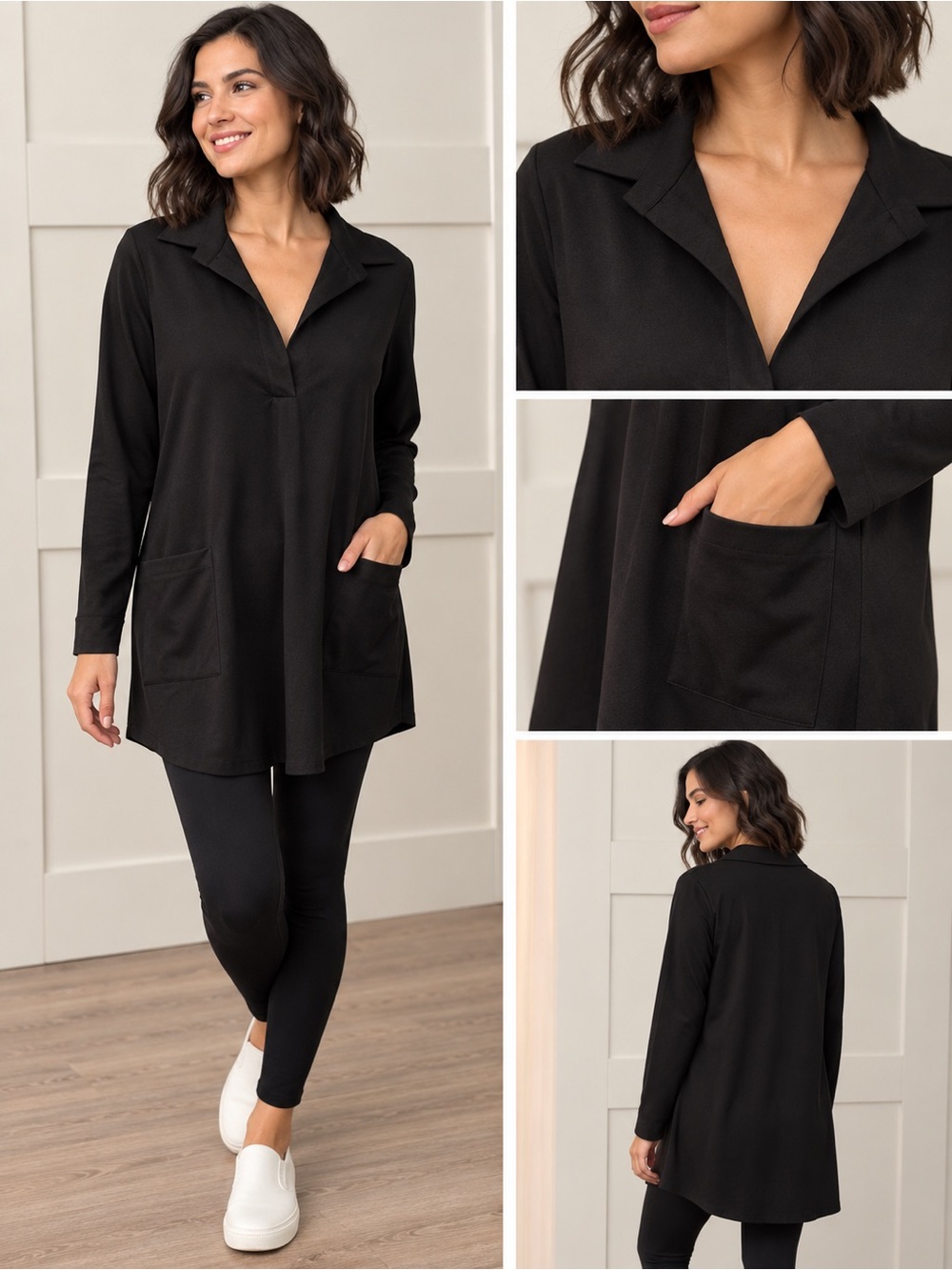SHEIN Black V-Neck Collared Tunic with Pockets
